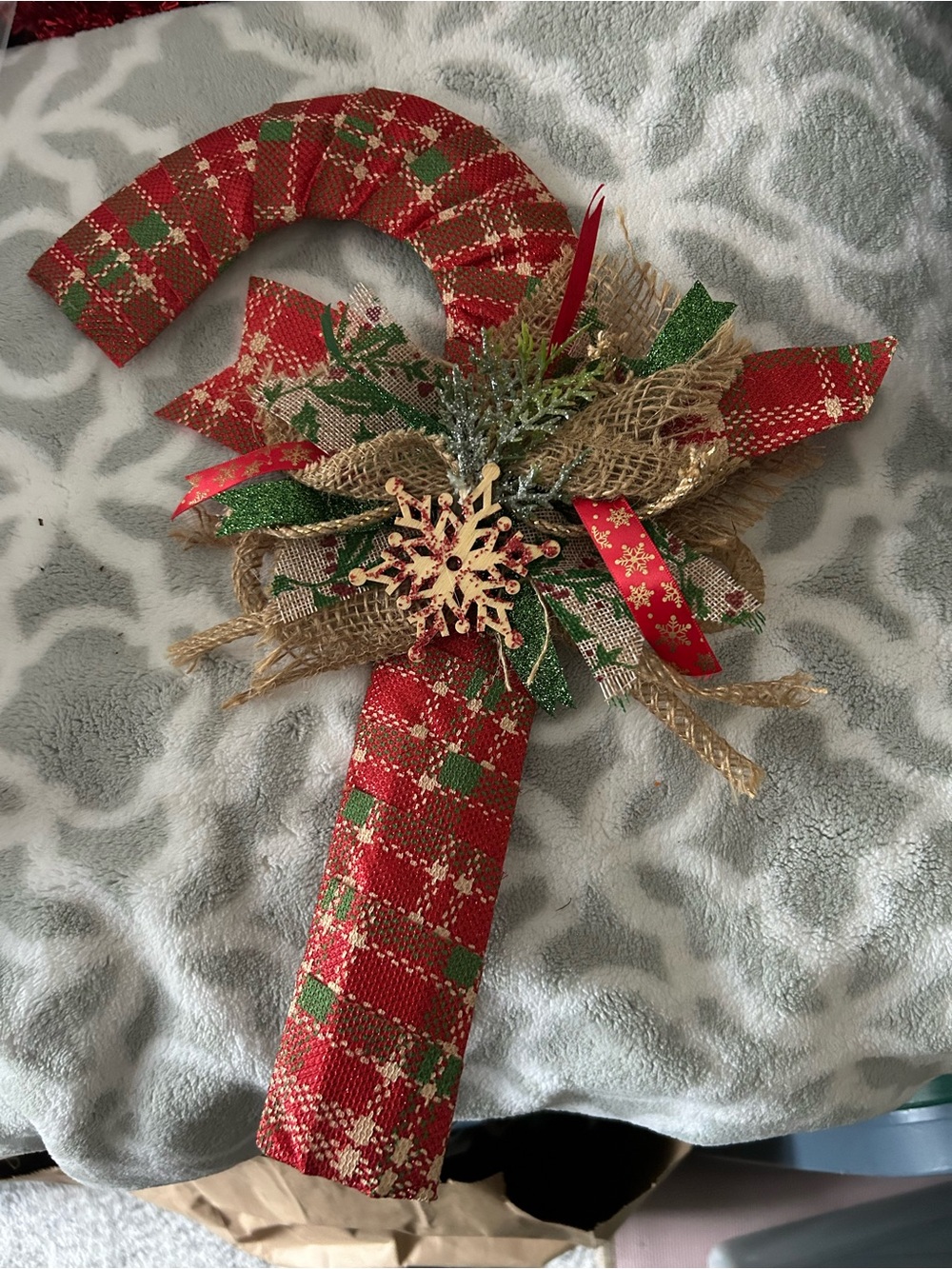 Red Plaid Holiday Candy Cane Wall Accent with Green and Gold Trim